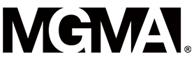 A black and white logo for mgm on a white background
