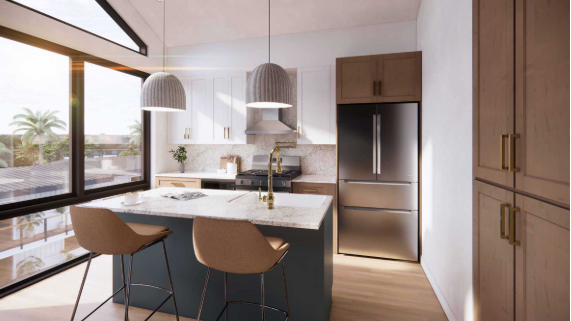 Modern kitchen with a blue island, stainless steel appliances, and large windows.