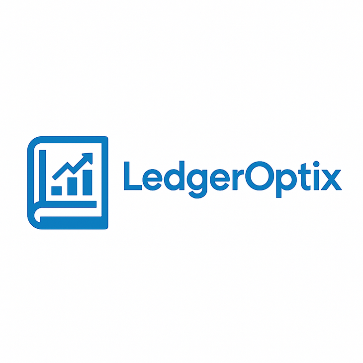 The logo for LedgerOptix is a blue book with a graph on it.