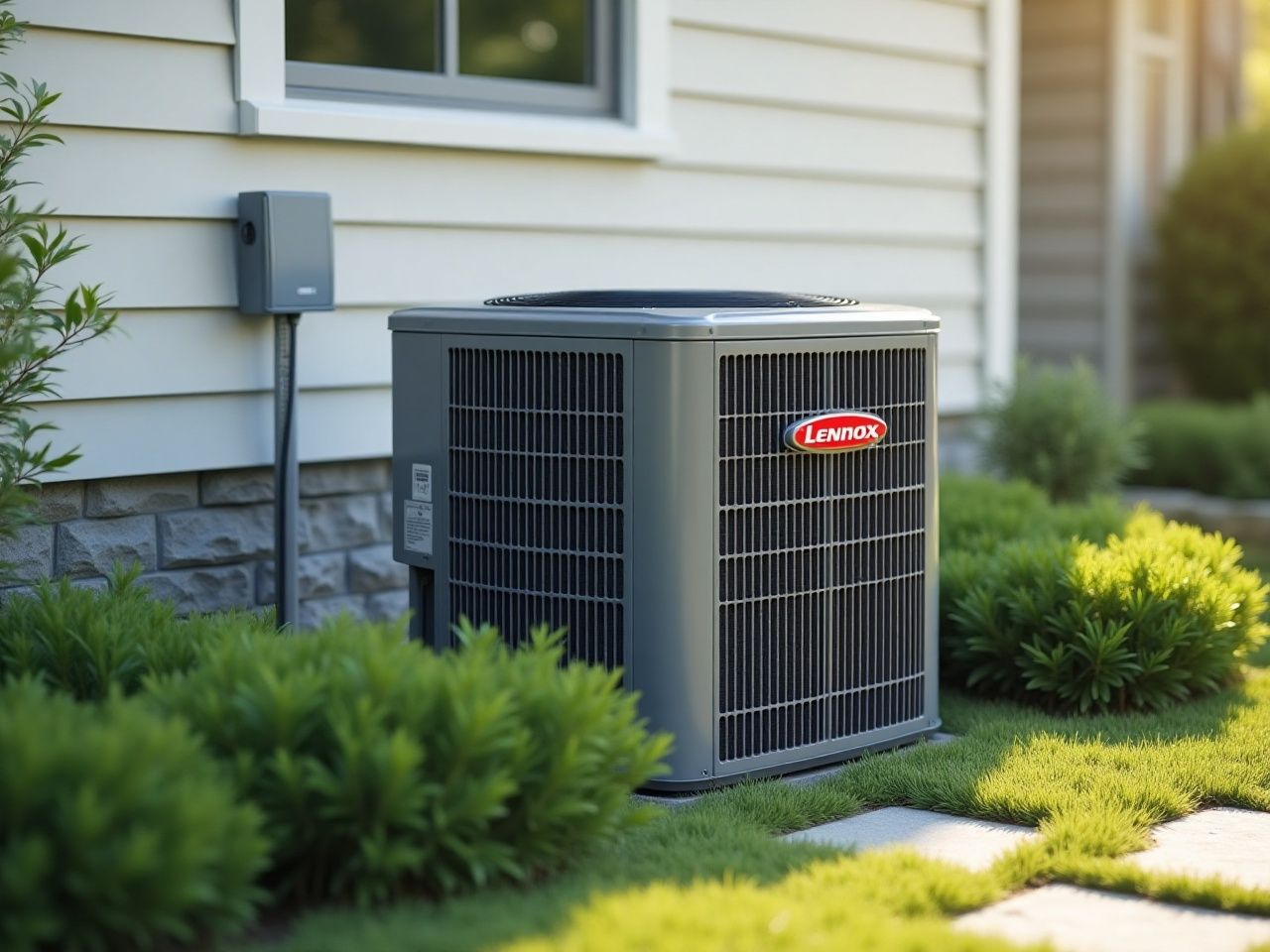 A lennox air conditioner is sitting on the side of a house.