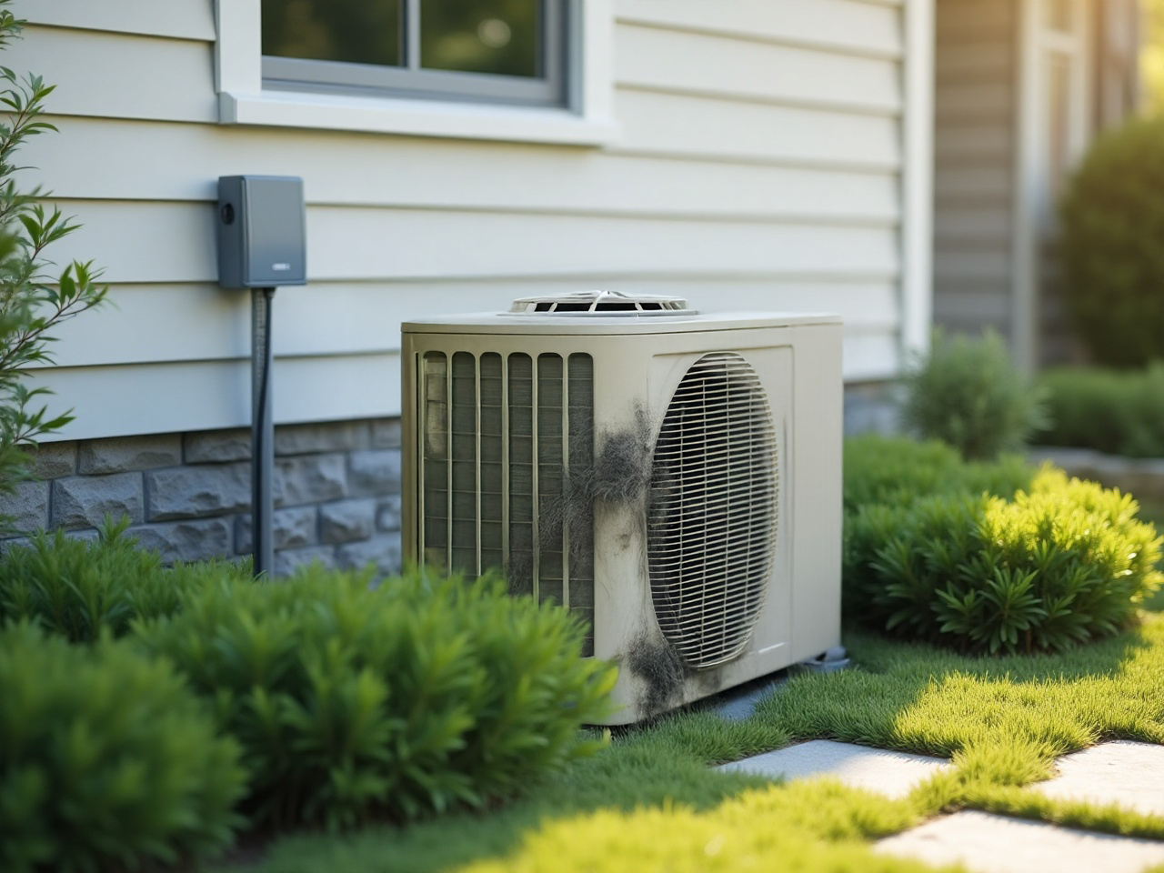 A dirty air conditioner is sitting on the side of a house.