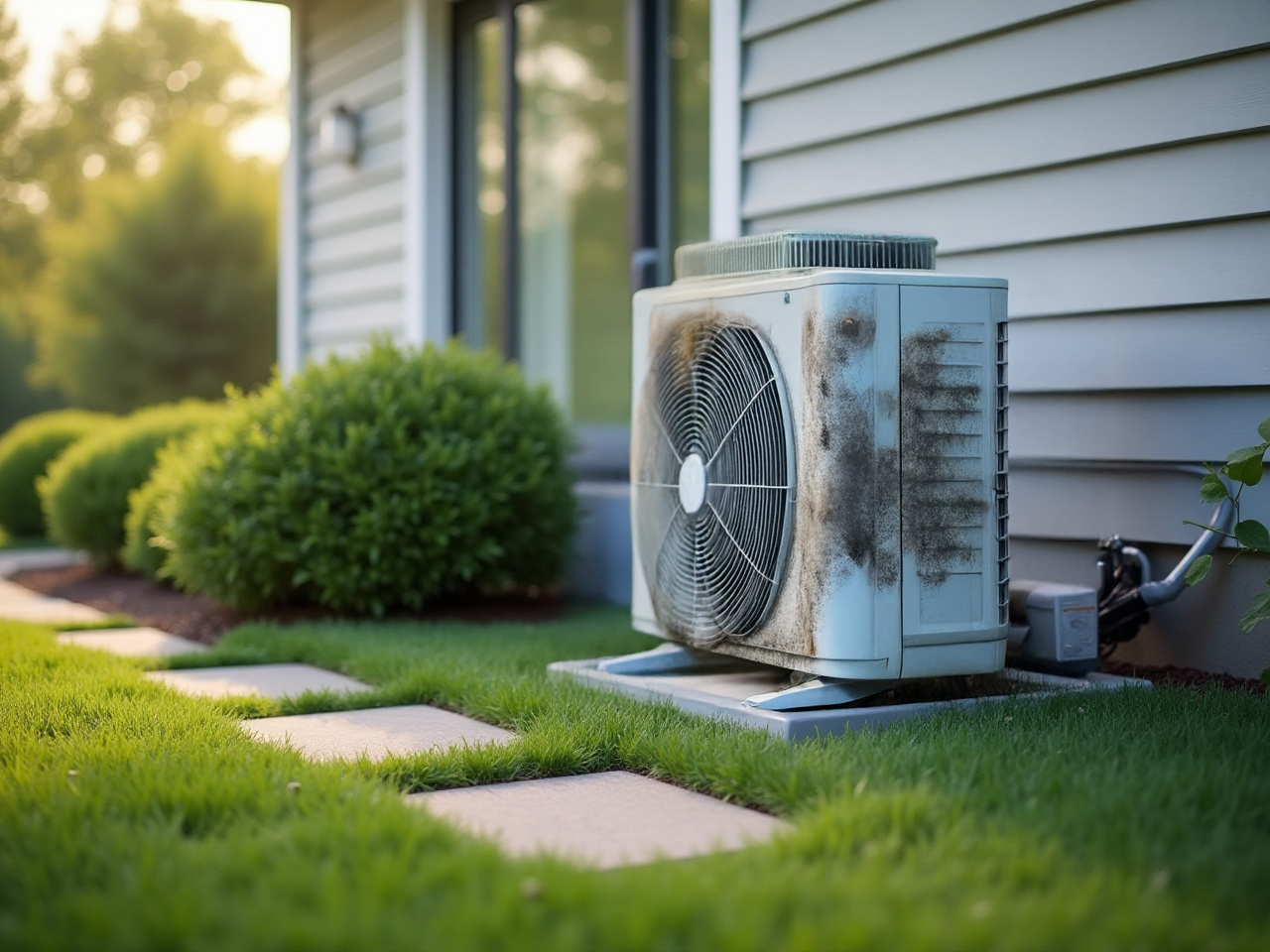 A dirty air conditioner is sitting on the side of a house.