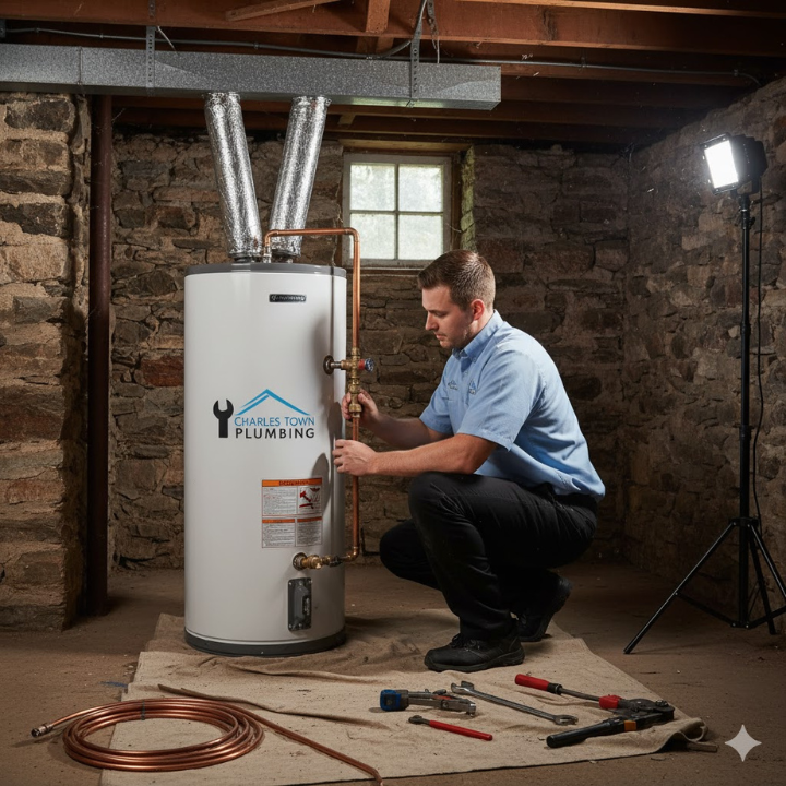 Charles Town Plumbing team member in branded uniform inspecting or installing a water heater in a historic Eastern Panhandle home