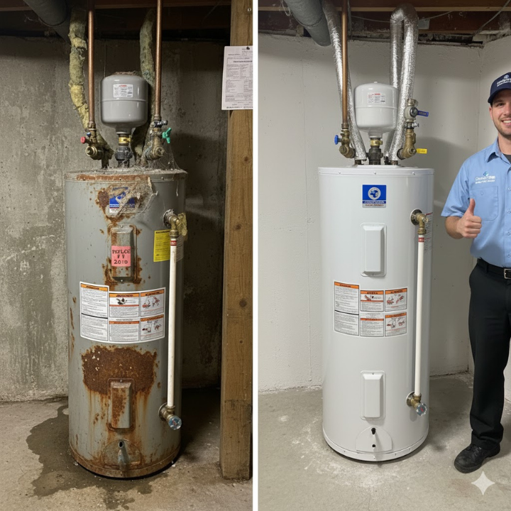 Before-and-after split image showing an old, corroded water heater beside a new Unit