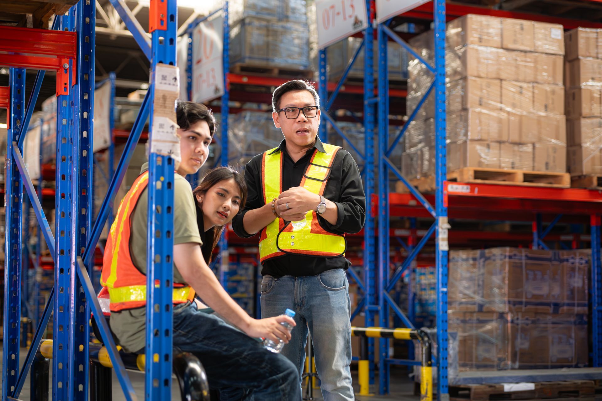 A group of people are standing in a warehouse talking to each other.