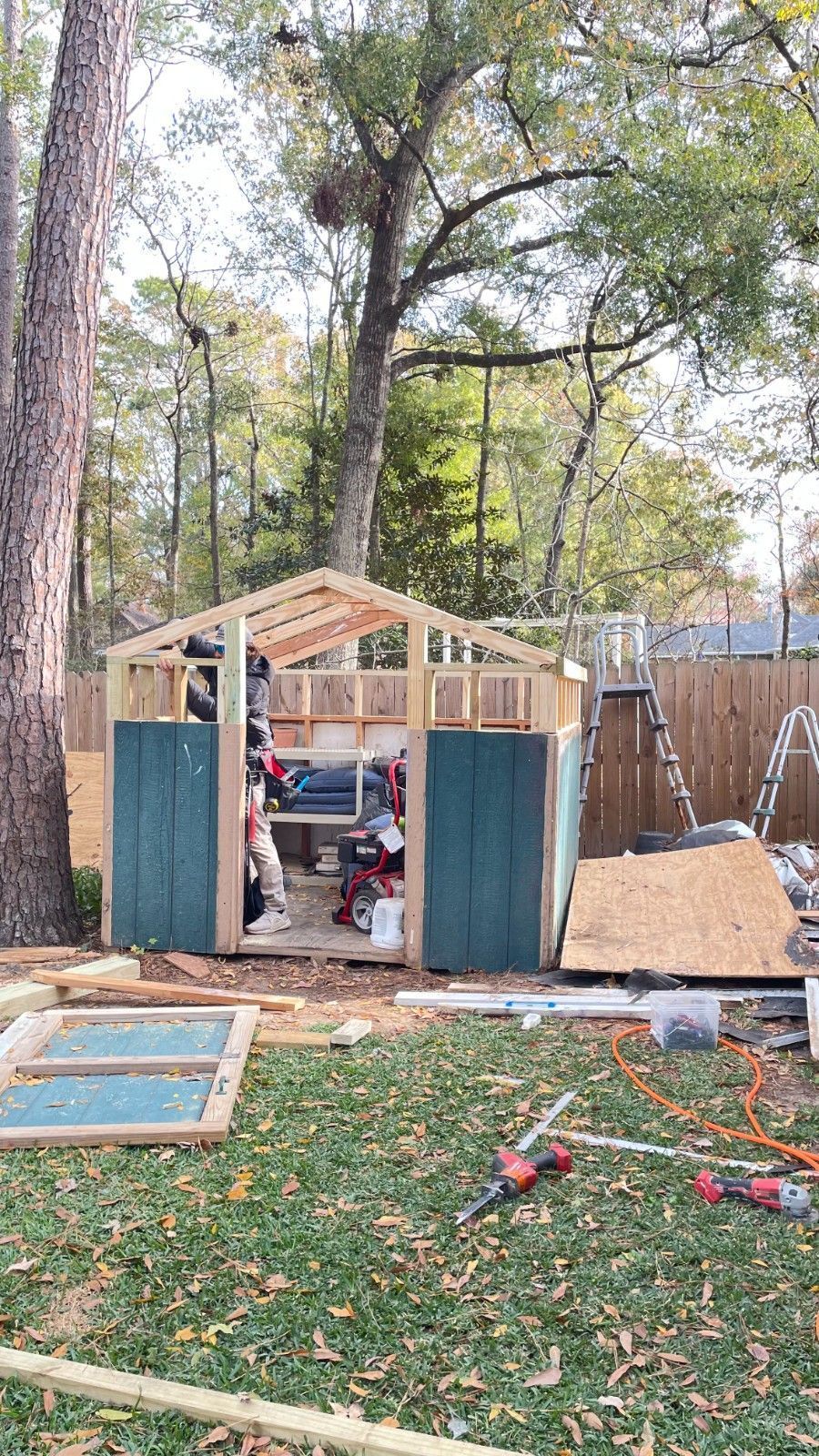Backyard shed under construction with exposed wood framing and teal doors, surrounded by trees and tools