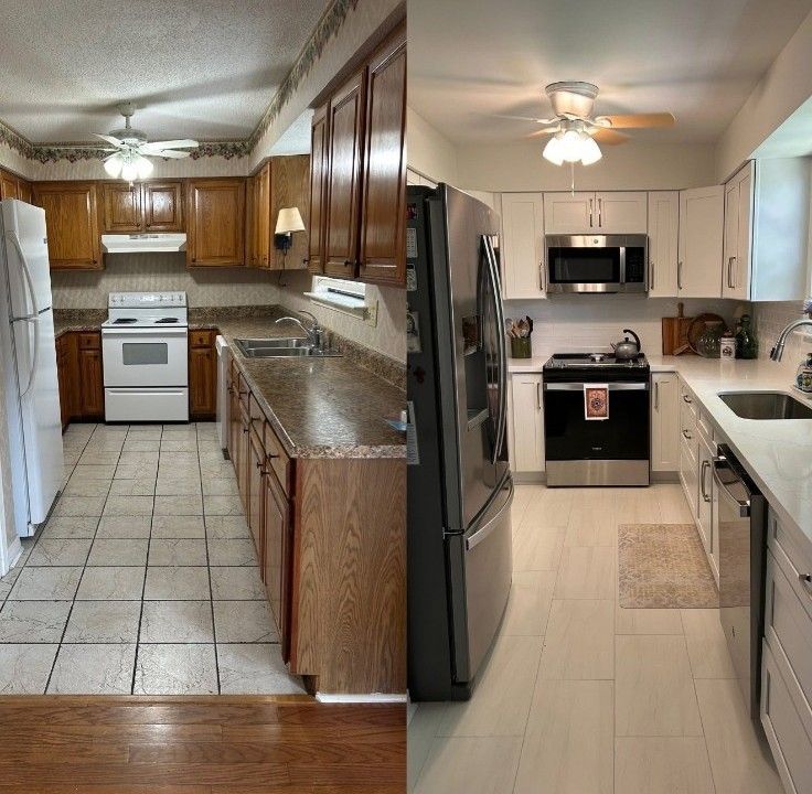 Split-view of two kitchens: dated wood cabinets on left, modern white kitchen on right.