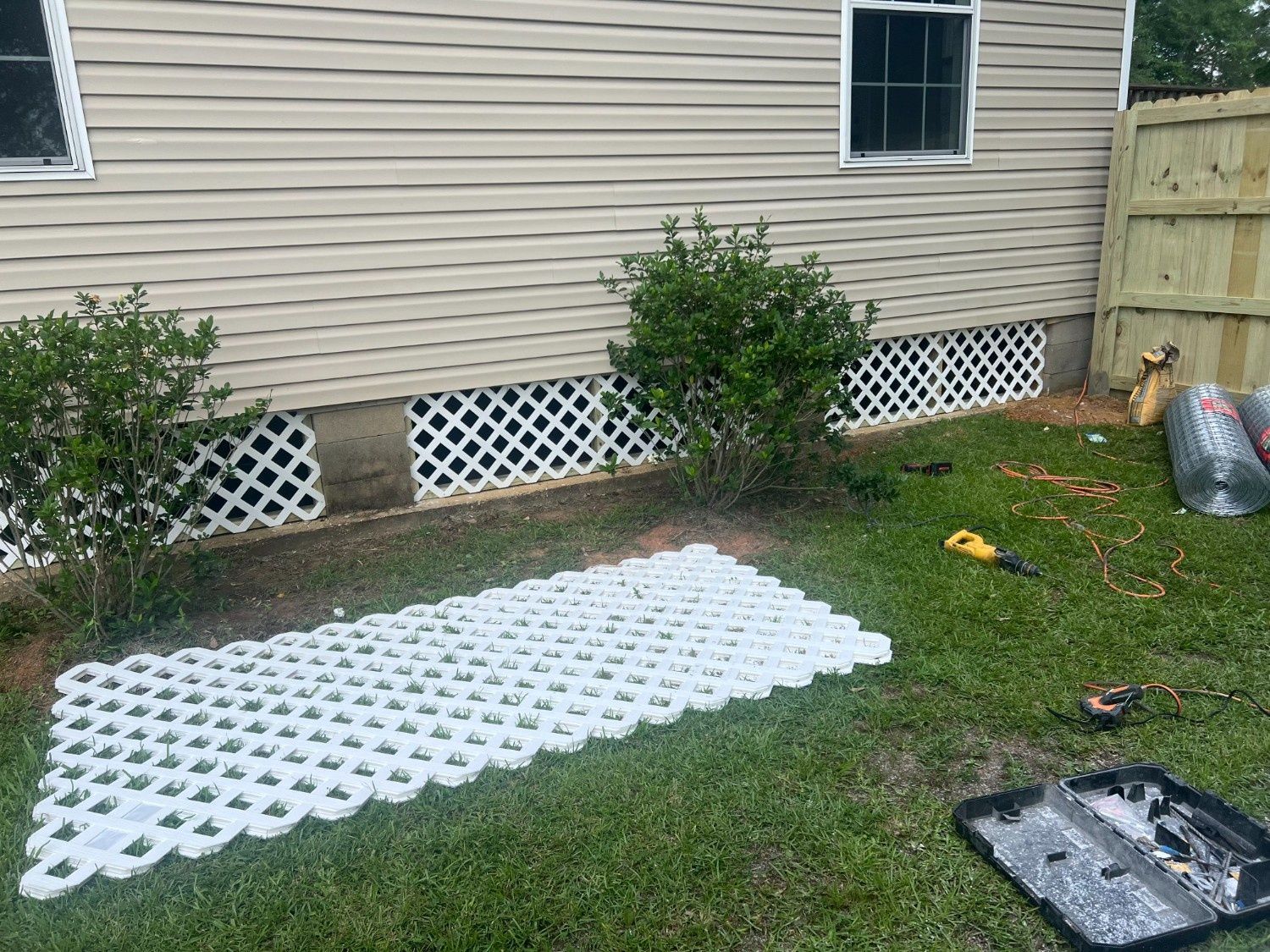 Backyard beside a house with a white lattice grid laid on the grass near shrubs and a fence.