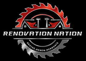 Renovation Nation logo with red and gray saw blade, black background, and tagline &ldquo;Revive. Renew. Renovate.&rdquo;