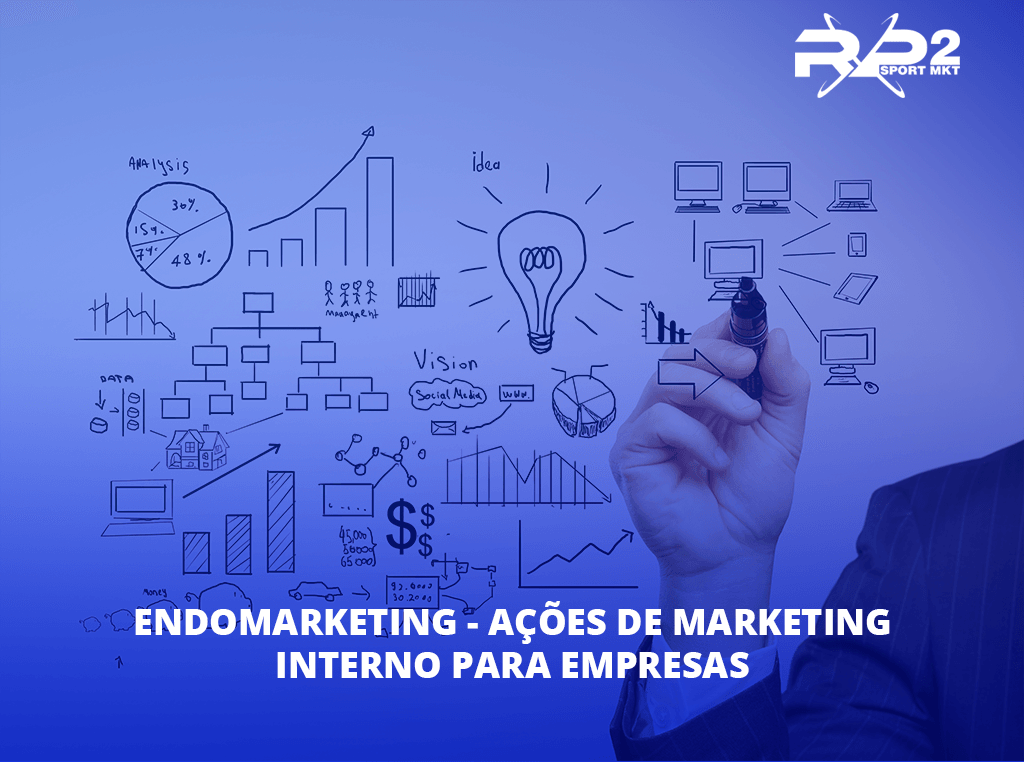 Uma pessoa desenha diagramas de estratégia de marketing em um fundo azul. O texto diz 