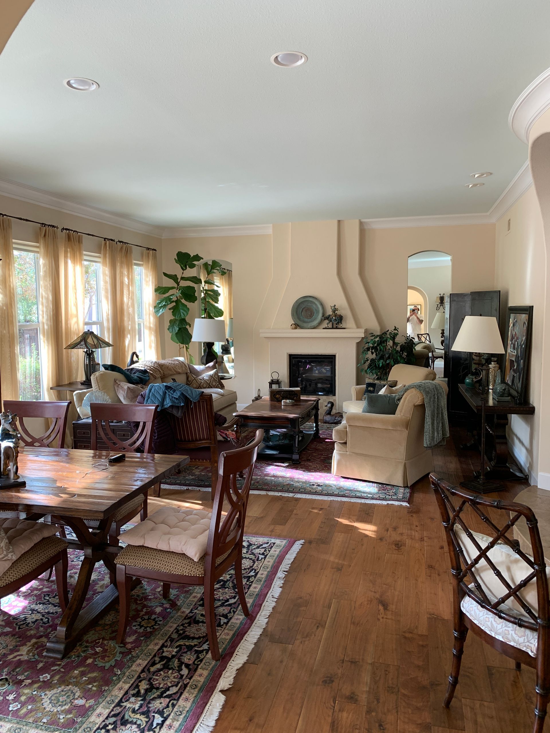 Elegant living room with wooden furniture, patterned rugs, fireplace, and tall windows with curtains.
