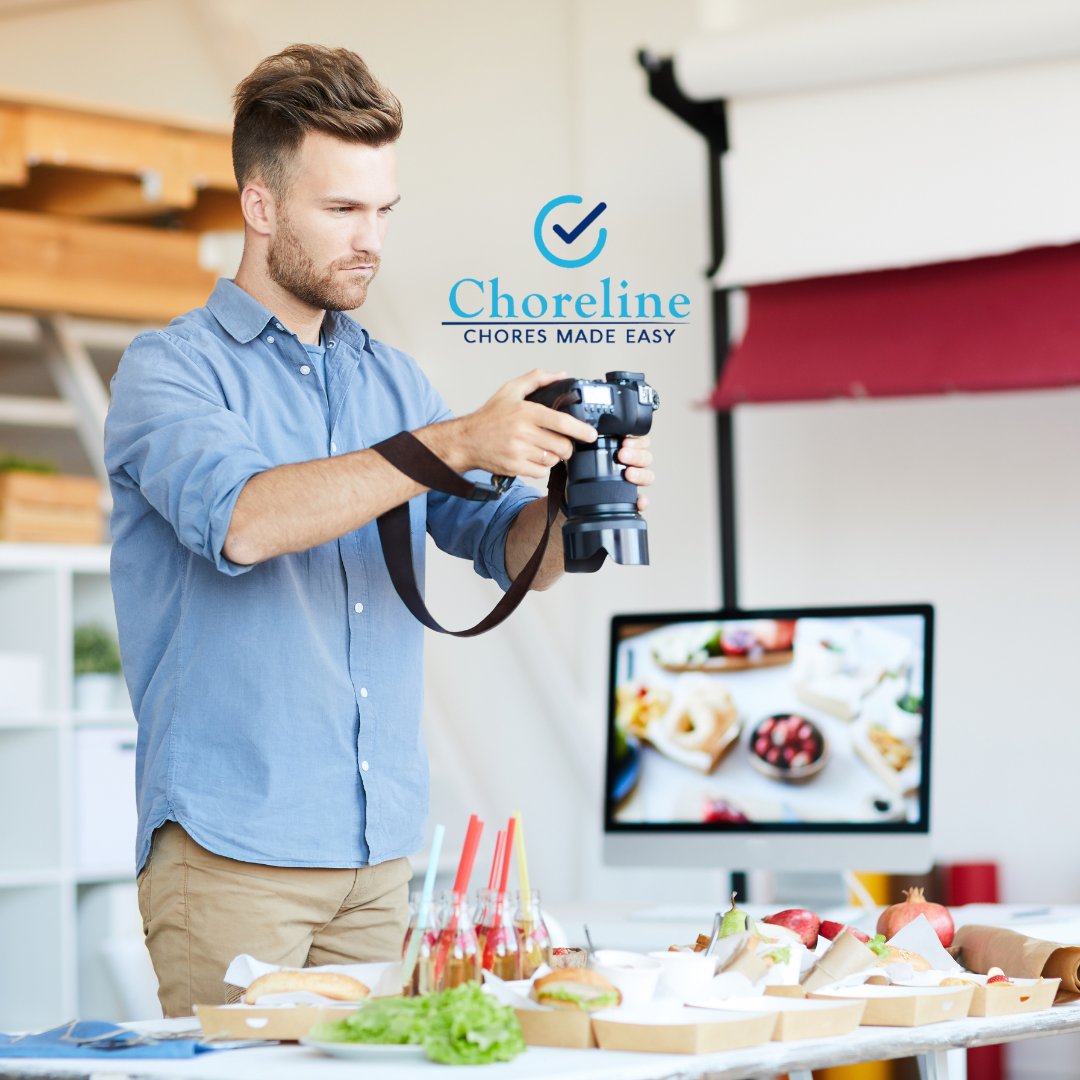 a man is taking a picture of food with a choreline logo in the background