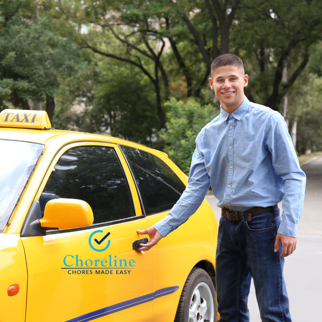 a man is standing next to a yellow taxi that says choreline