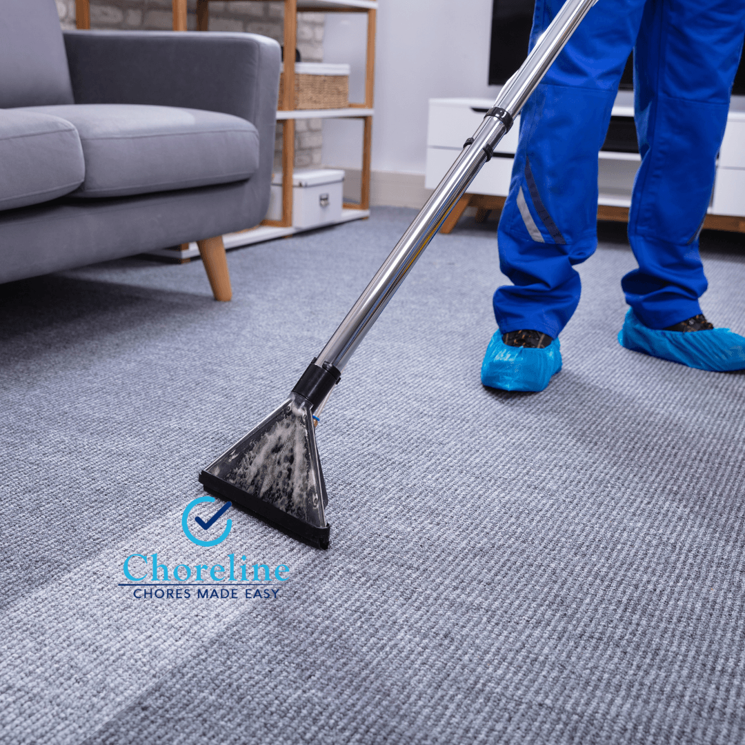 a person is using a vacuum cleaner to clean a carpet in a living room .