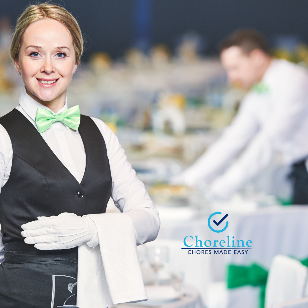 a woman in a black vest and green bow tie stands in front of a choreline logo