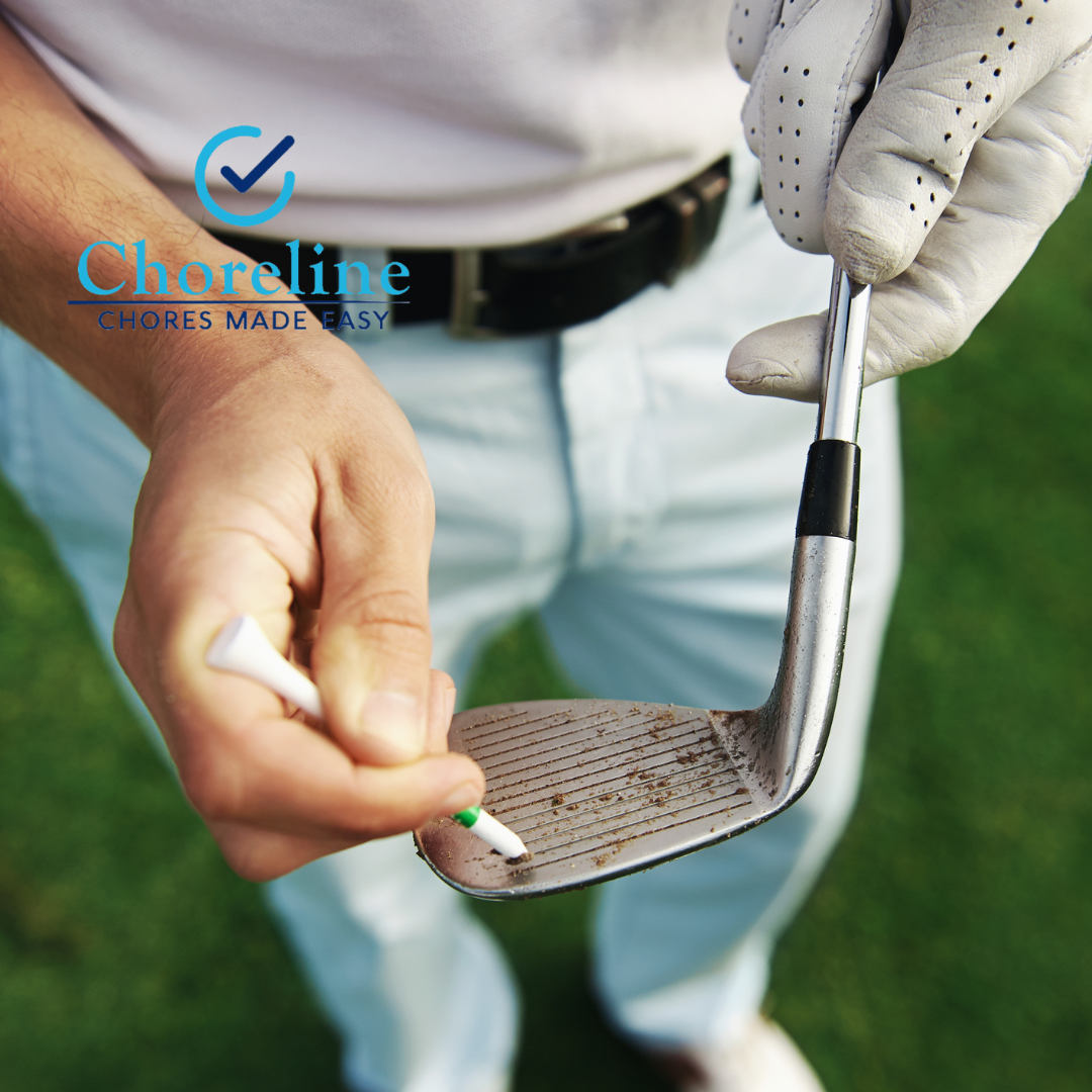 a man is holding a golf club and a tee with the word chereline on the bottom