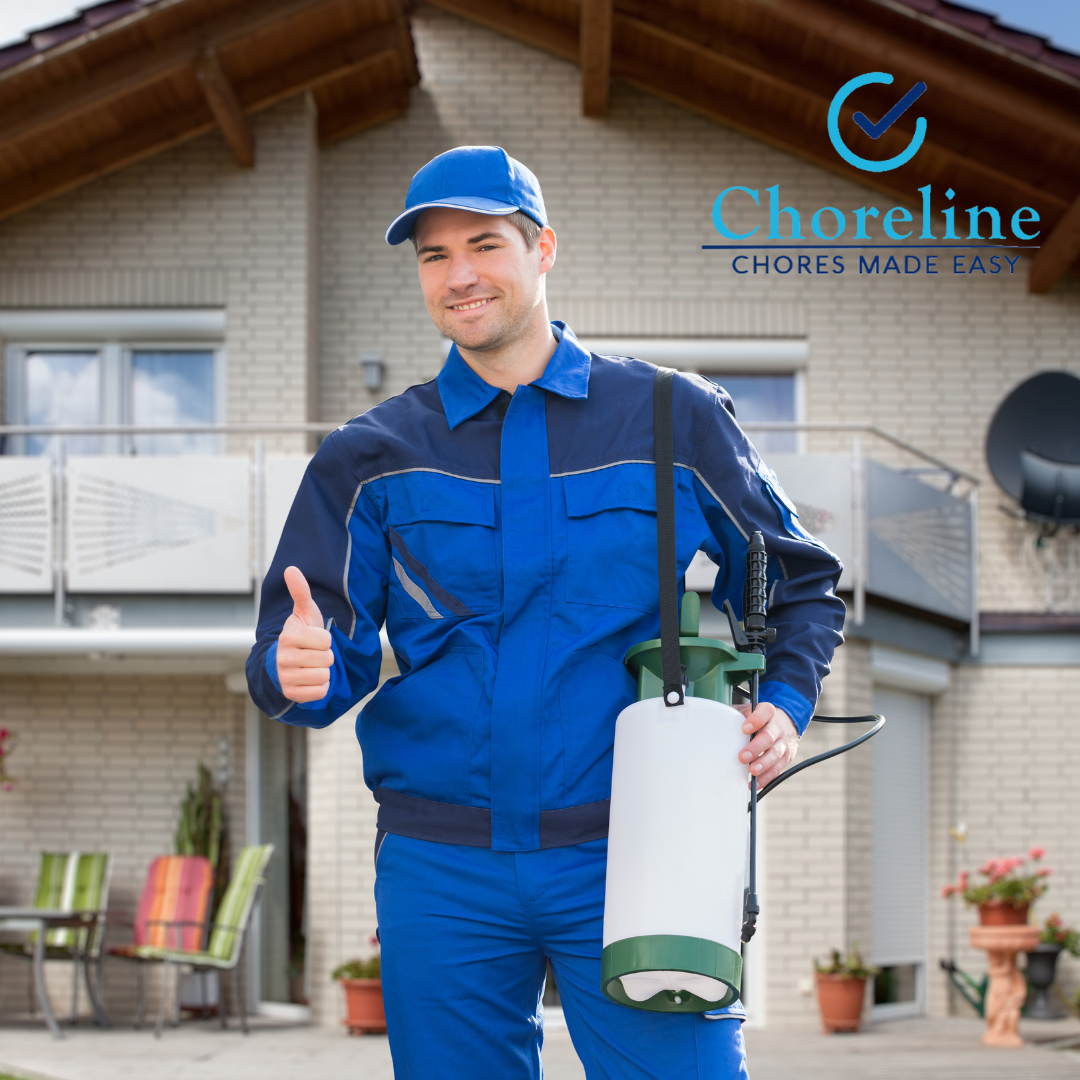 a man in a blue uniform is holding a sprayer and giving a thumbs up