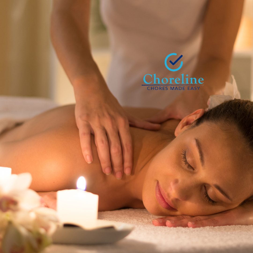 a woman is getting a massage at a choreline spa