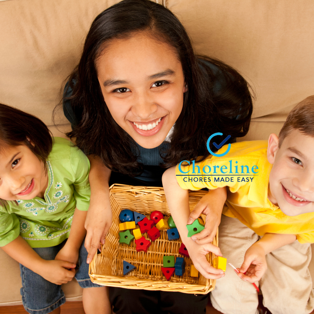 three children are sitting on a couch with a choreline logo on the bottom