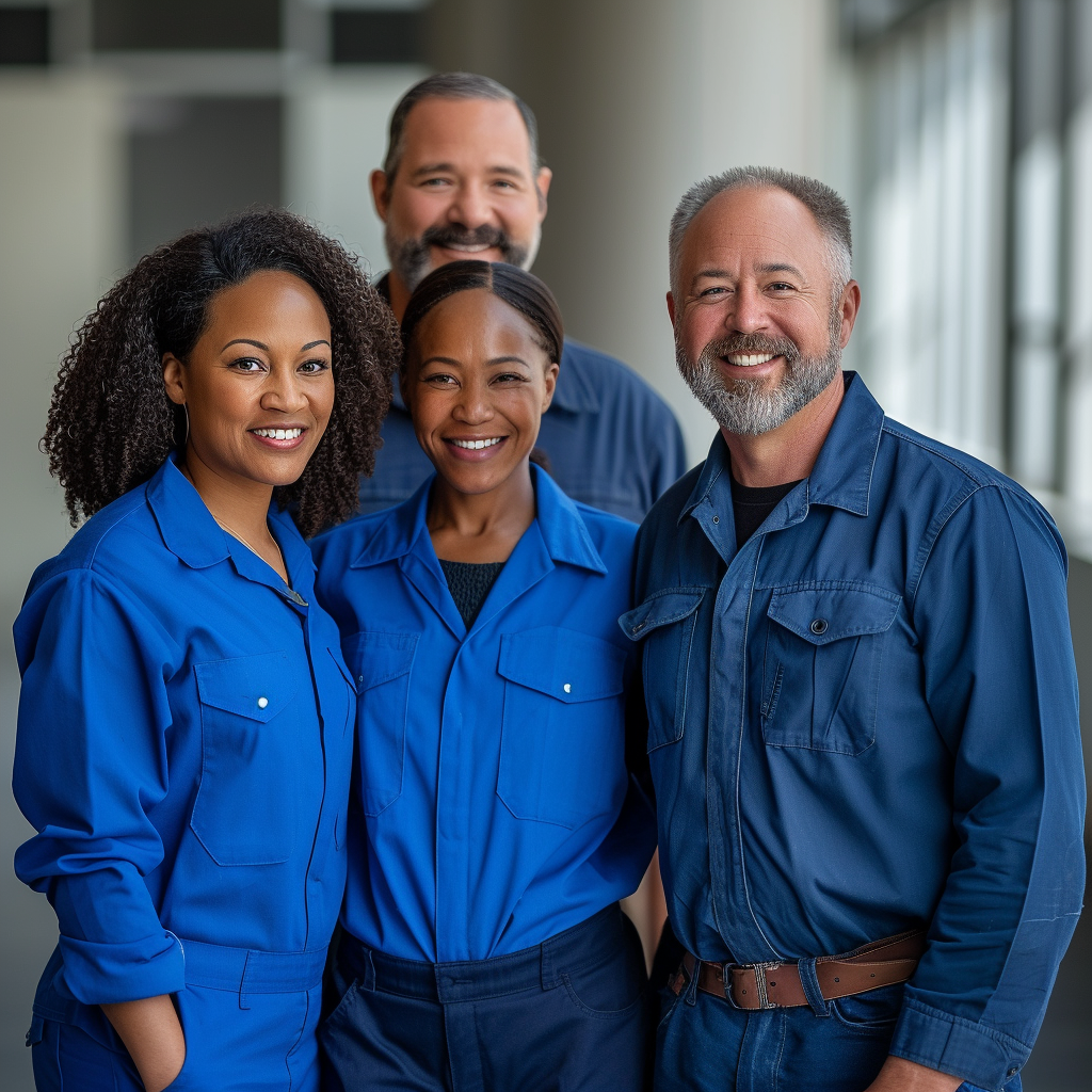 a group of people in blue overalls are posing for a picture