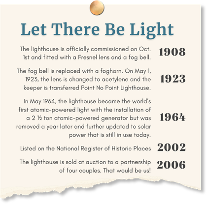 torn paper with a timeline of events for the lighthouse from 1908 to 2006