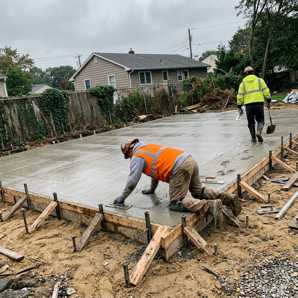 Two Babylon concrete workers finishing a large residential slab in Lindenhurst