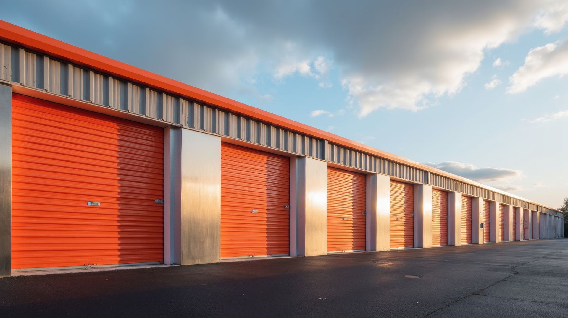 Outdoor storage units with orange doors and metal exterior.
