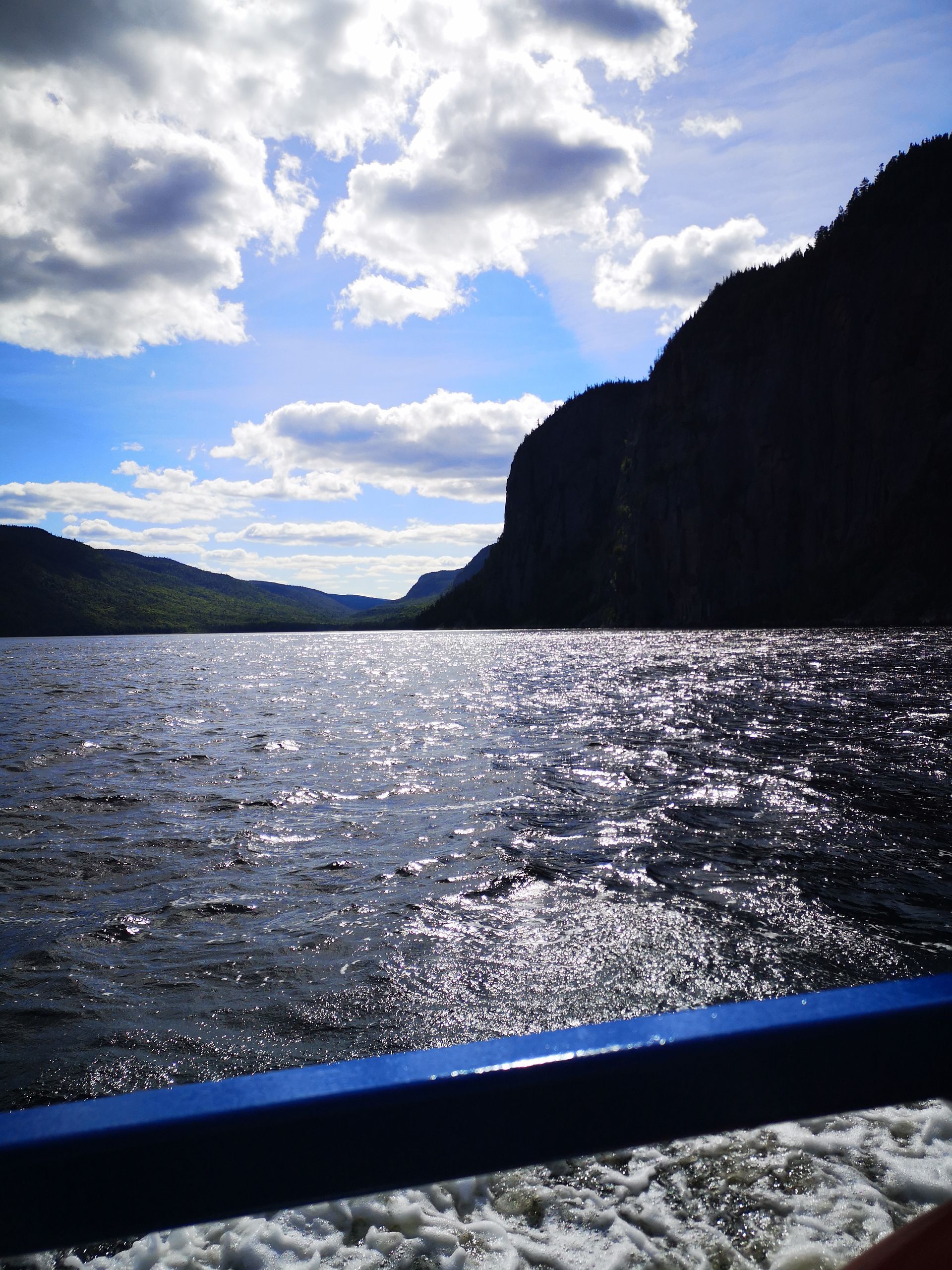Sunlit river between dark cliffs, viewed from a boat with blue railing and sparkling water