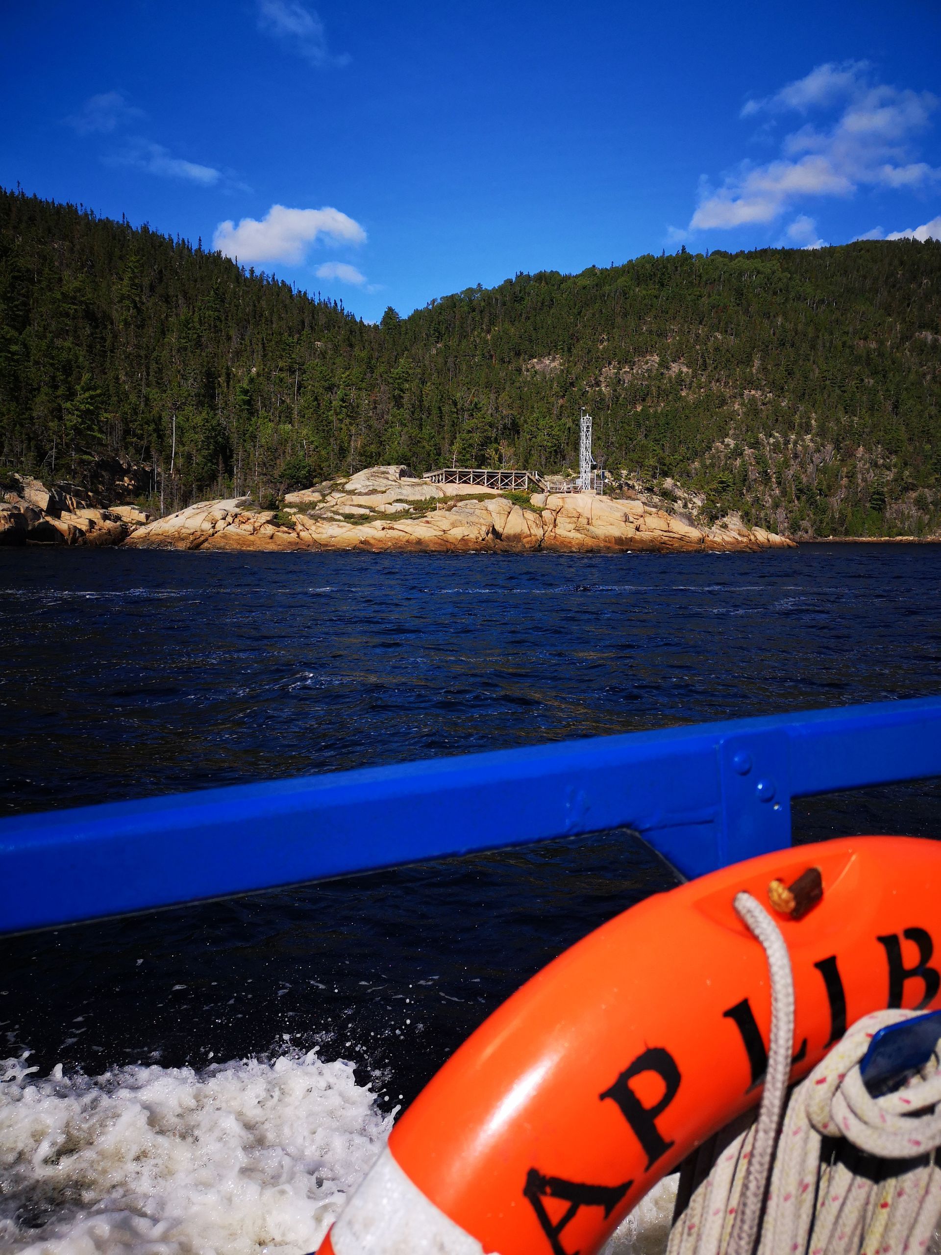 Blue boat bow with orange lifebuoy on choppy water, facing a forested rocky coastline under a clear blue sky.