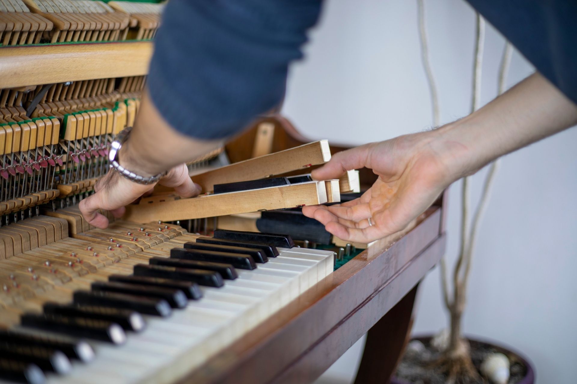 Person repairing a piano, holding a wooden piece. Interior setting.