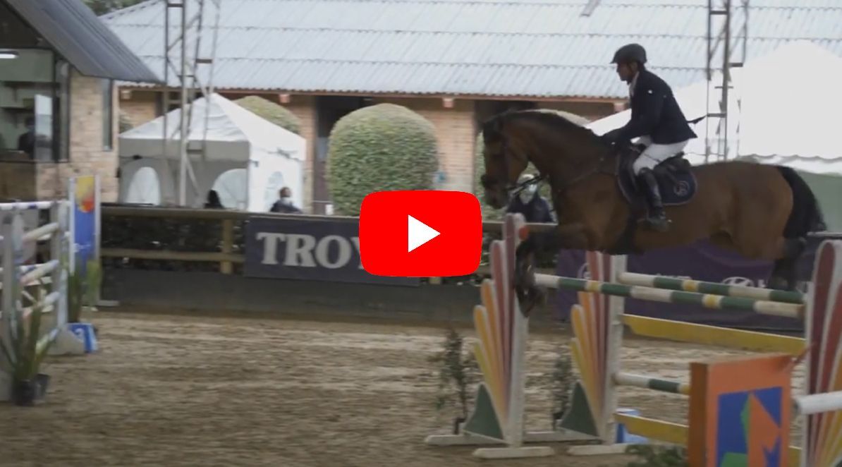A rider on a brown horse jumps over a colourful fence in an equestrian competition.