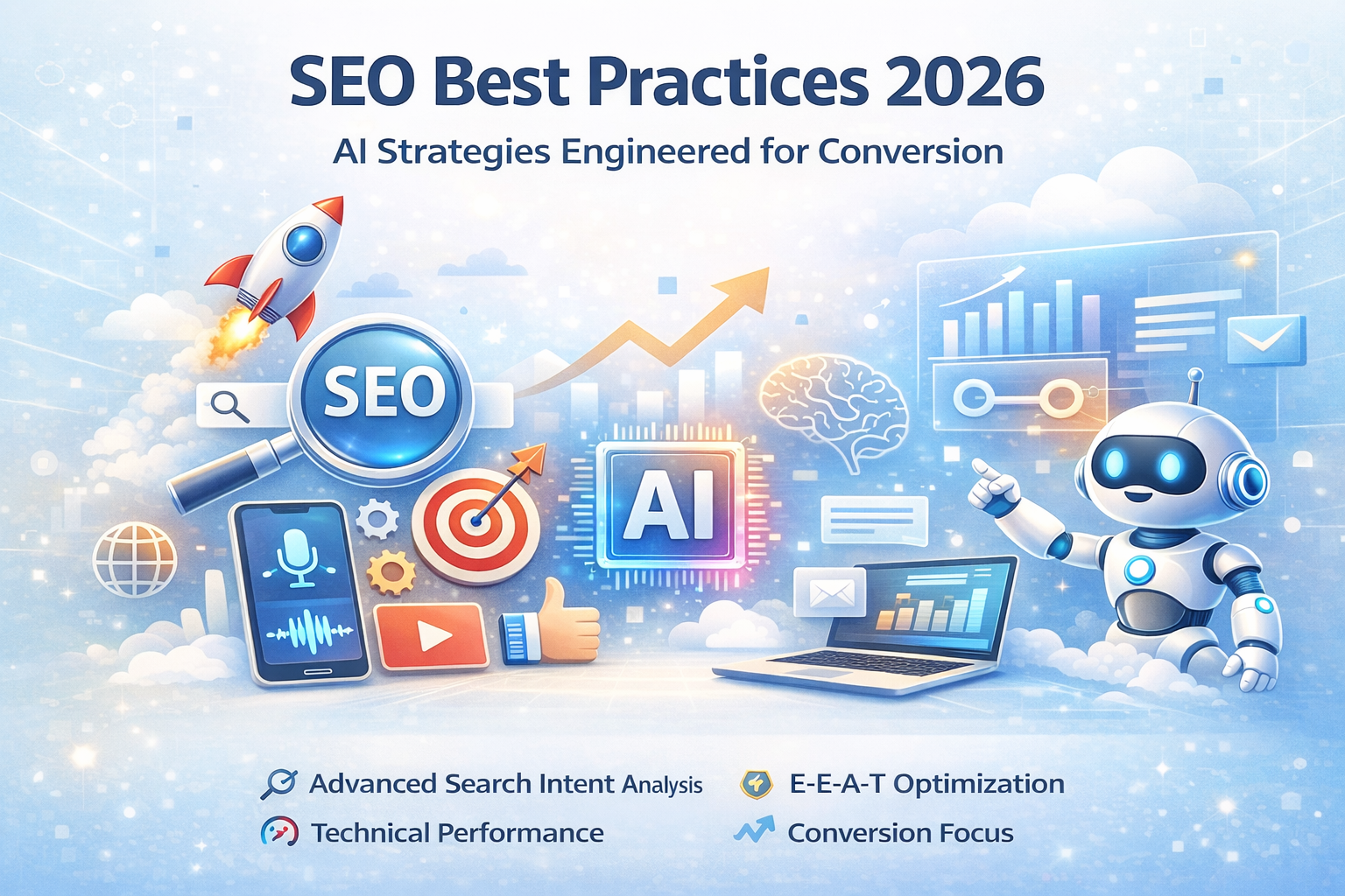 AI-driven SEO strategy illustration with analytics, rocket, robot and growth chart