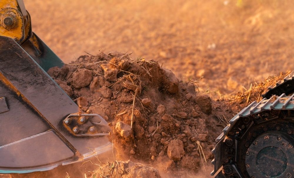 Excavator Scooping Up Dirt in a Field; Golden Sunlight — Rhino Excavator & Bobcat Hire in Holloways Beach, QLD 