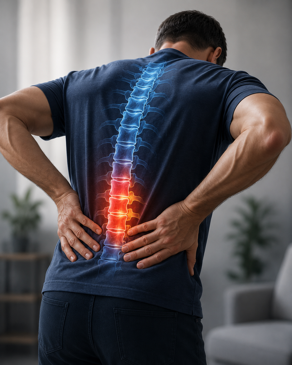 Illustration of a human spine with blue intervertebral discs and beige vertebrae