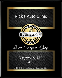 A black and gold Business Rate 2025 award plaque for Rick’s Auto Clinic in Raytown, MO.