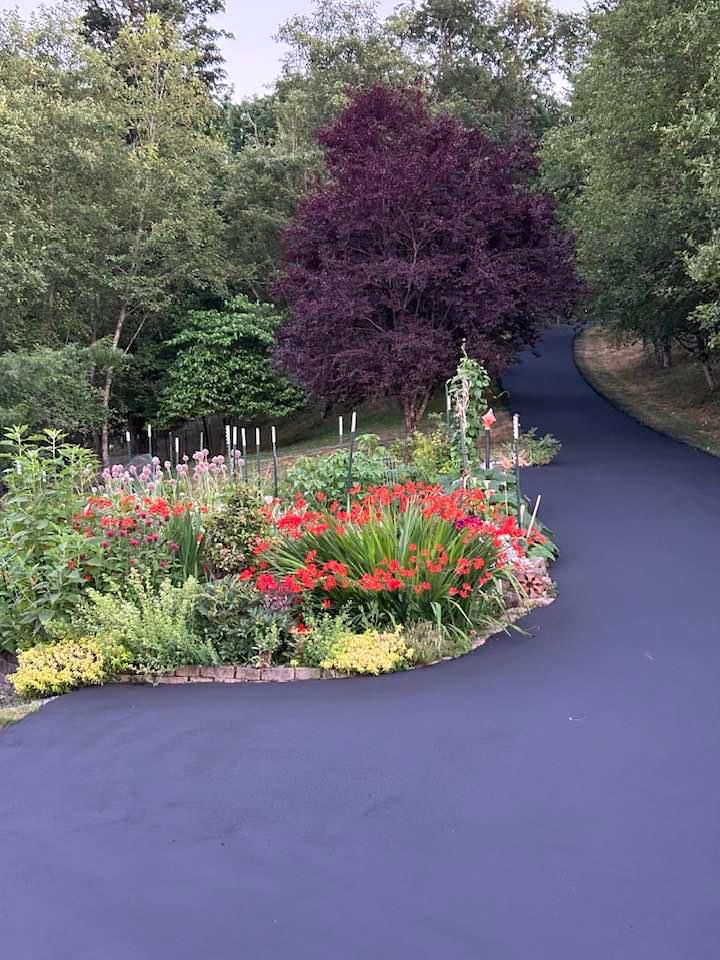 A driveway with flowers and trees on the side of it.