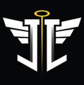 A white logo with wings and a yellow halo on a black background.