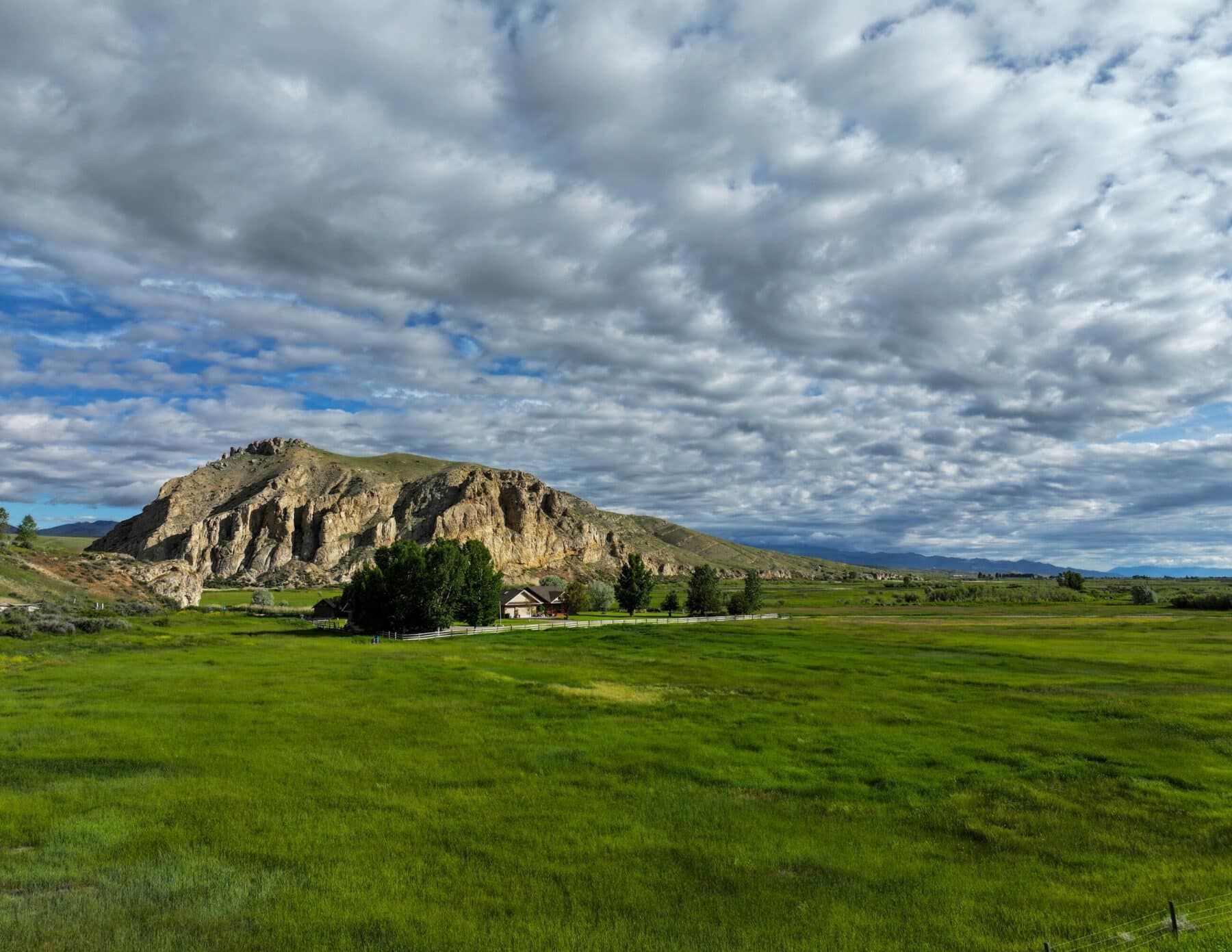 A large grassy field with a mountain in the background.