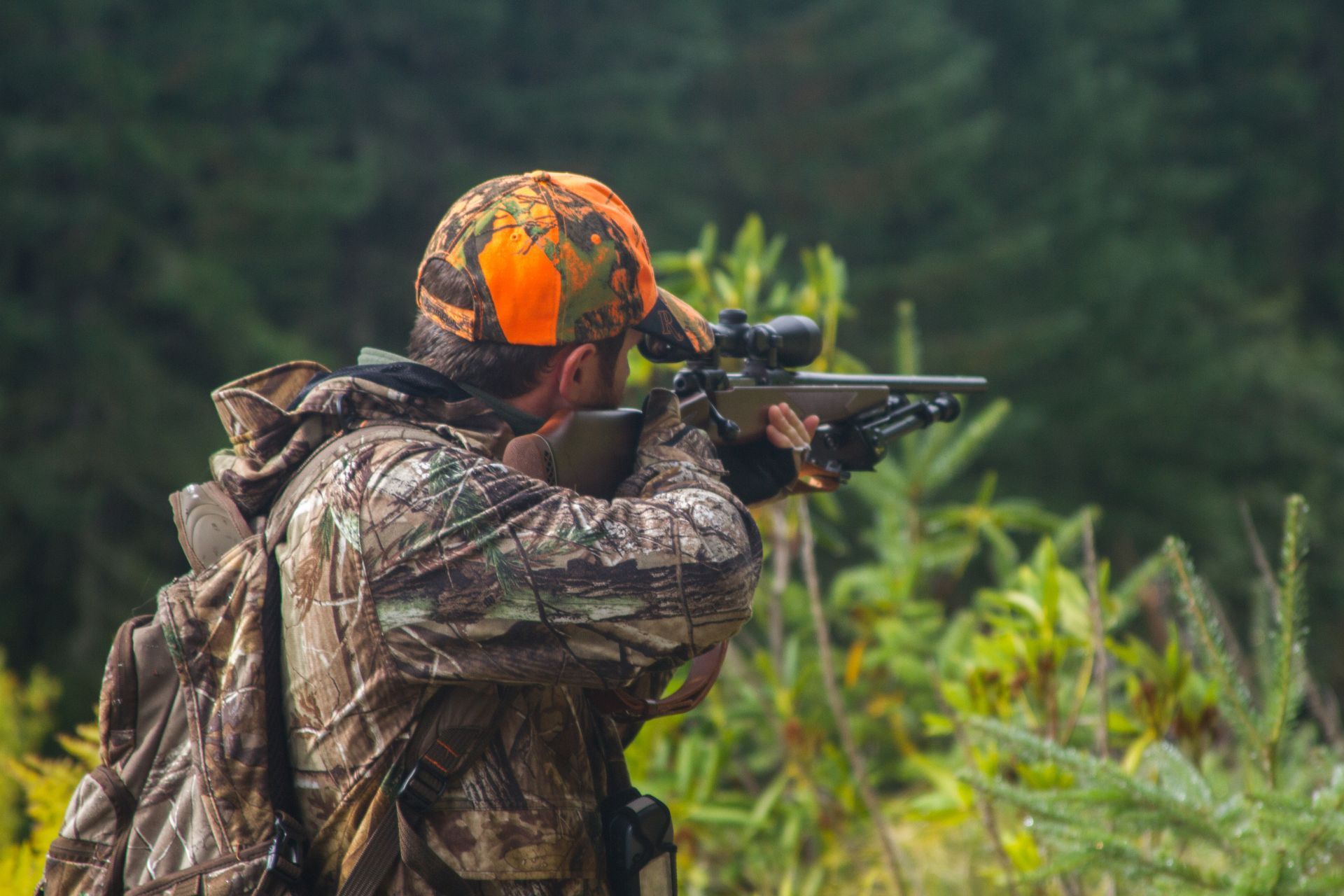 A hunter in camouflage looking down the sights of a rifle.