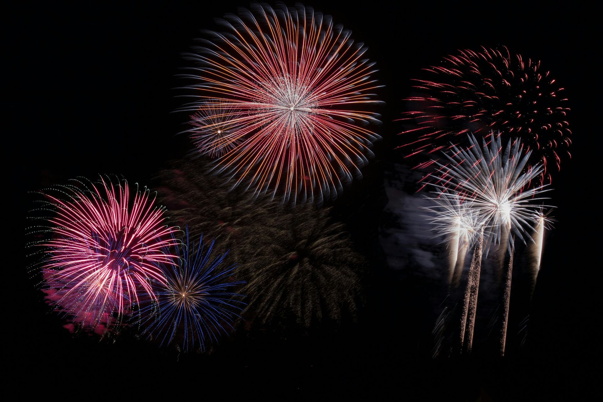 A bunch of fireworks are exploding in the night sky