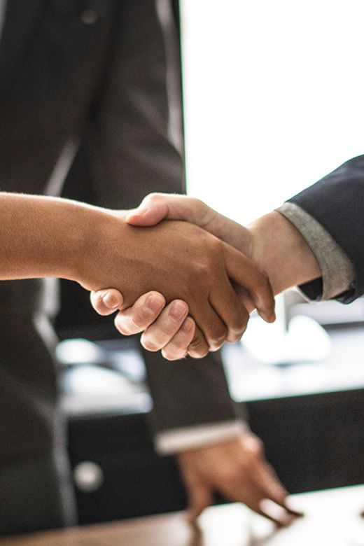 A man and a woman are shaking hands over a table.