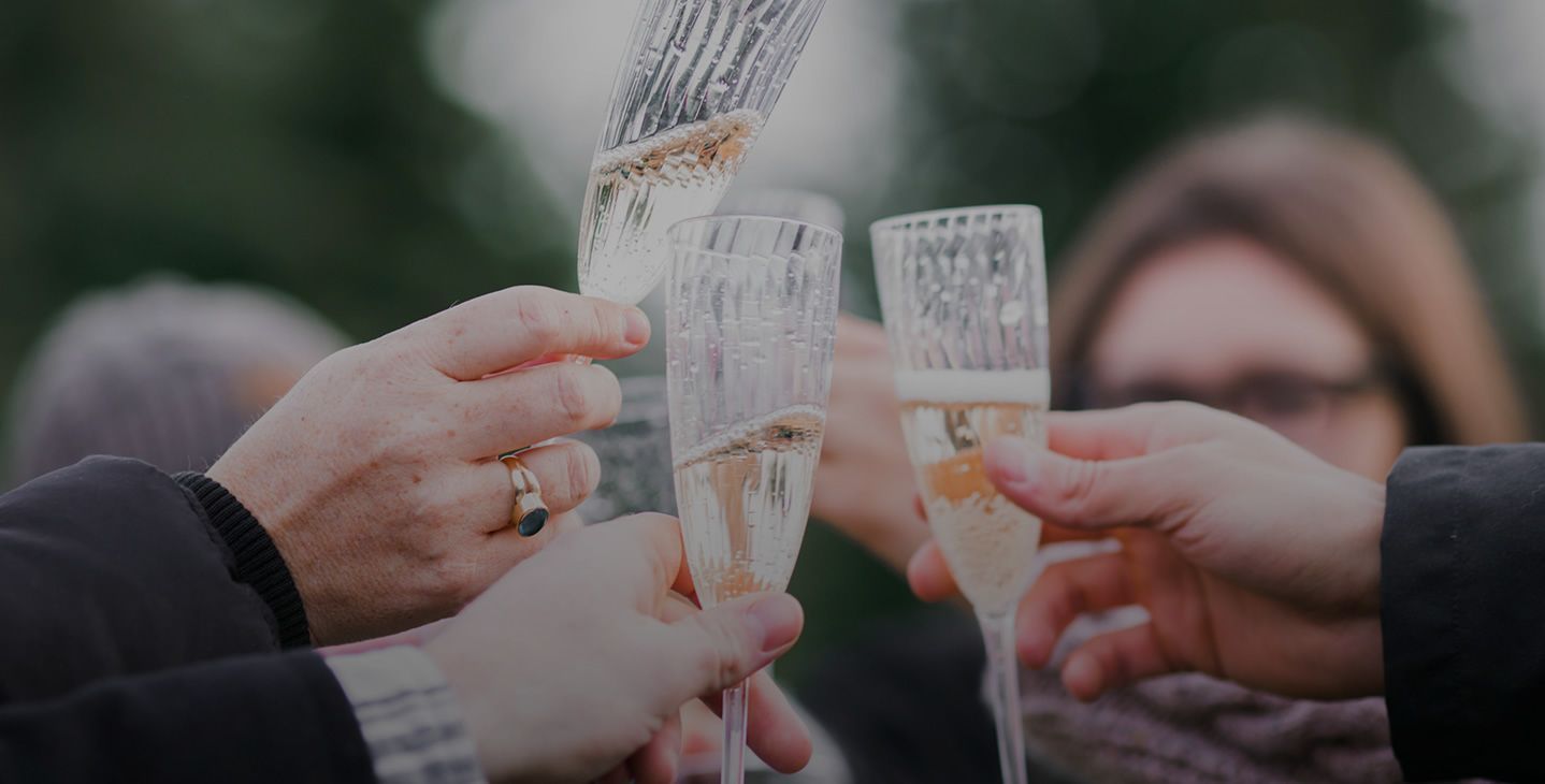 A group of people are toasting with champagne glasses.