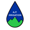 Logo for AJT Irrigation, a water droplet shape with green mountains and blue water.
