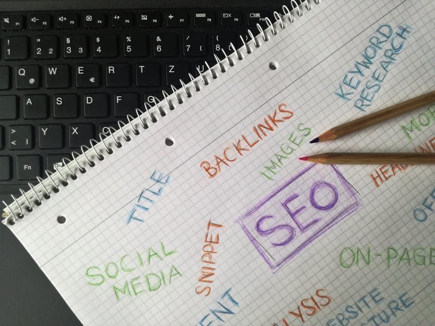 Notebook with SEO keywords and a pencil over a laptop keyboard