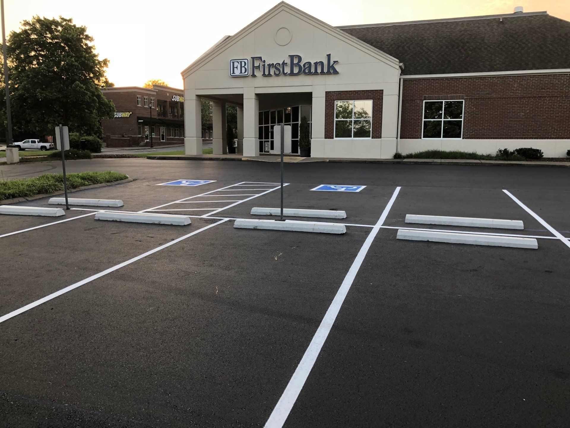 Parking lot in front of First Bank