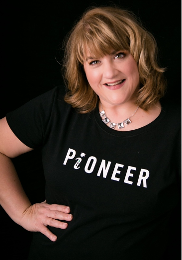 Woman in black t-shirt that says 