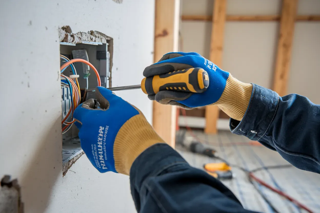 A person wearing a pair of gloves is working on an electrical box.