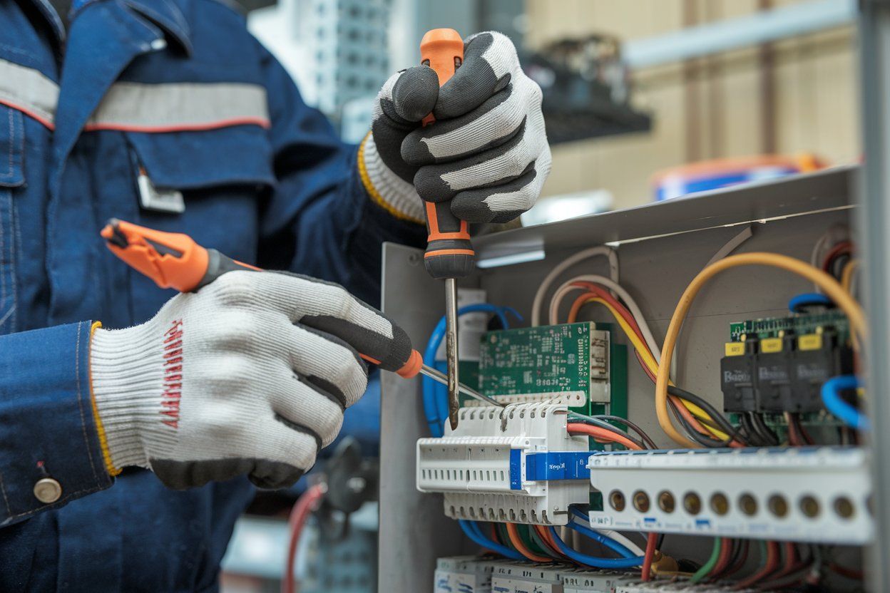 An electrician is working on an electrical box with a screwdriver.