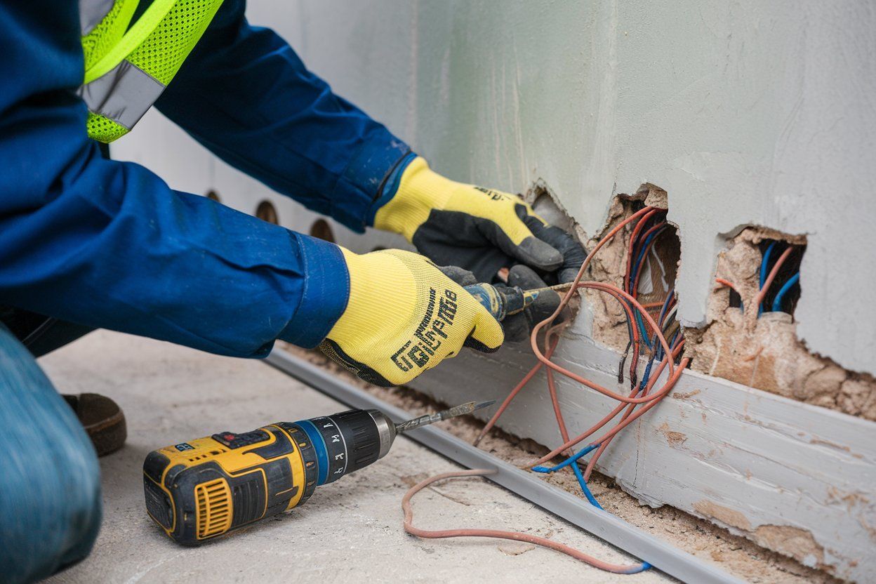 A man wearing yellow gloves is working on a wall with a drill.