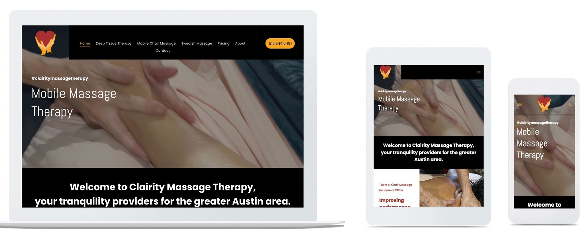 A website is displayed on a laptop , tablet , and cell phone.